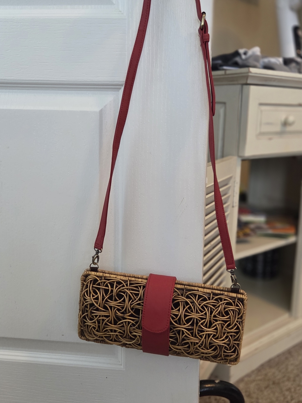 Woven Straw Crossbody Bag with Red Leather Strap